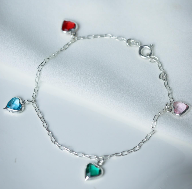 Pulseira Feminina de Prata 925 Coração Cravejado com Zircônia Colorida - Imagem 2