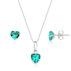 Conjunto Colar 40cm Prata 925 E Par Brincos Coração Zircônia
