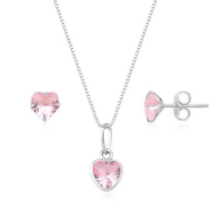 Conjunto prata 925 Brinco E Colar Zircônia Rosa Coração