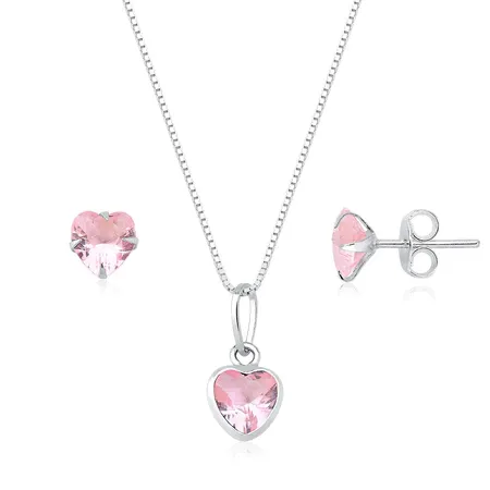 Conjunto prata 925 Brinco E Colar Zircônia Rosa Coração