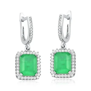 Brinco Feminino de Prata 925 Retangular com zircônia Verde Esmeralda