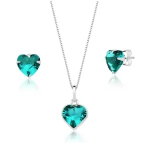 conjunto brinco e colar coração prata 925 verde agua